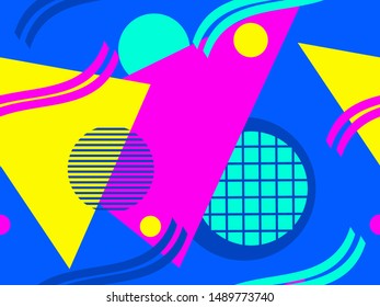 Memphis seamless pattern, geometric shapes in the style of 80s. Modern trendy background for promotional products, wrapping paper and printing. Vector illustration