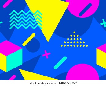 Memphis seamless pattern, geometric shapes in the style of 80s. Modern trendy background for promotional products, wrapping paper and printing. Vector illustration