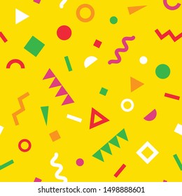 Memphis seamless pattern of geometric shapes in bright colors on yellow background. Modern retro 80s pop design for fashion, fabric print, wallpaper, wrapping paper, packaging, banner, poster, cards.
