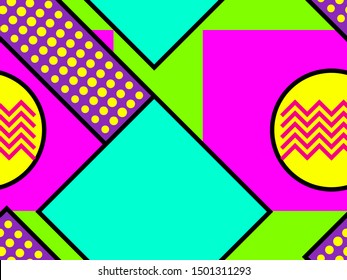 Memphis seamless pattern with geometric shapes and black stroke. Bauhaus style elements. Colorful background for promotional items, wrapping paper and typography. Vector illustration