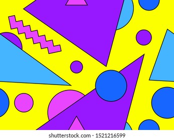 Memphis seamless pattern with geometric shapes in the style of 80s.  Colorful background for promotional items, wrapping paper and typography. Vector illustration