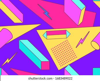Memphis, con formas geométricas en el estilo de los años 80. Ochenta imprimen fondo colorido para productos promocionales, papel envolvente e impresión. Ilustración del vector