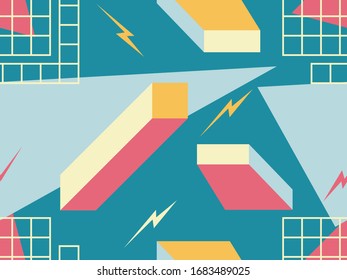 Memphis seamless pattern with geometric shapes in the style of the 80s. Eighties print colorful background for promotional products, wrapping paper and printing. Vector illustration