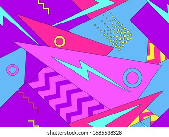 Memphis, con formas geométricas en el estilo de los años 80. Ochenta imprimen fondo colorido para productos promocionales, papel envolvente e impresión. Ilustración del vector