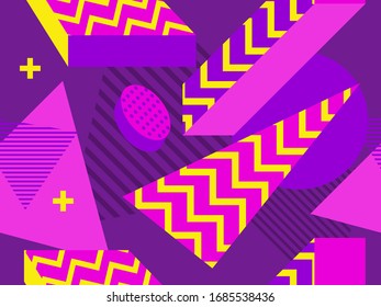 Memphis seamless pattern with geometric shapes in the style of the 80s. Eighties print colorful background for promotional products, wrapping paper and printing. Vector illustration