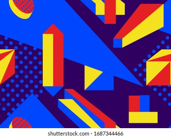 Memphis, con formas geométricas en el estilo de los años 80. Ochenta imprimen fondo colorido para productos promocionales, papel envolvente e impresión. Ilustración del vector