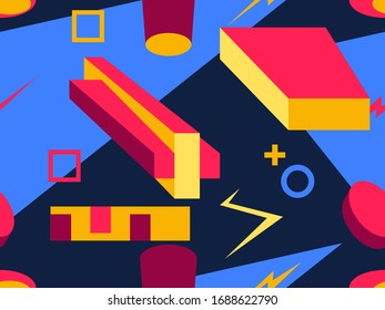 Passwortlose Muster mit geometrischen Formen im Stil der 80er Jahre. Achtzig drucken bunter Hintergrund für Werbeprodukte, Verpackungspapier und Druck. Vektorillustration