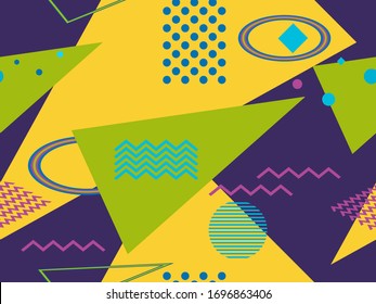 Memphis, con formas geométricas en el estilo de los años 80. Ochenta imprimen fondo colorido para productos promocionales, papel envolvente e impresión. Ilustración del vector