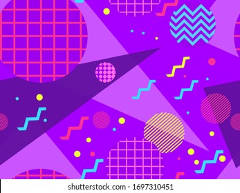 Memphis, con formas geométricas en el estilo de los años 80. Ochenta imprimen fondo colorido para productos promocionales, papel envolvente e impresión. Ilustración del vector