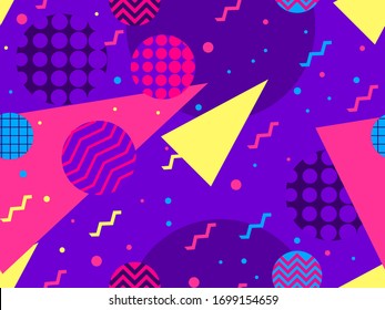 Memphis, con formas geométricas en el estilo de los años 80. Ochenta imprimen fondo colorido para productos promocionales, papel envolvente e impresión. Ilustración del vector