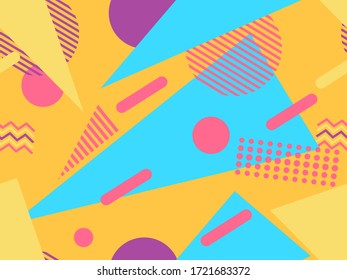 Memphis, con formas geométricas en el estilo de los años 80. Ochenta imprimen fondo colorido para productos promocionales, papel envolvente e impresión. Ilustración del vector