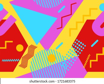 Memphis seamless pattern with geometric shapes in the style of the 80s. Eighties print colorful background for promotional products, wrapping paper and printing. Vector illustration