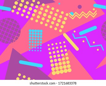Memphis seamless pattern with geometric shapes in the style of the 80s. Eighties print colorful background for promotional products, wrapping paper and printing. Vector illustration