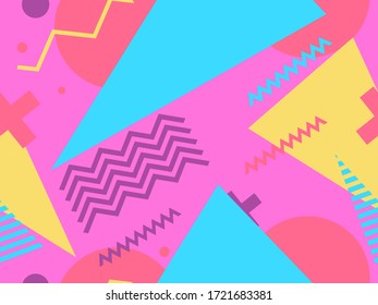 Memphis seamless pattern with geometric shapes in the style of the 80s. Eighties print colorful background for promotional products, wrapping paper and printing. Vector illustration