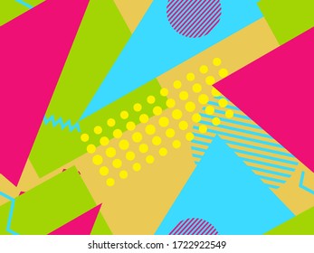 Memphis seamless pattern with geometric shapes in the style of the 80s. Eighties print colorful background for promotional products, wrapping paper and printing. Vector illustration