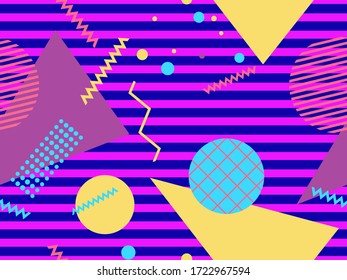 Memphis seamless pattern with geometric shapes in the style of the 80s. Eighties print colorful background for promotional products, wrapping paper and printing. Vector illustration