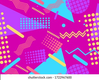 Memphis seamless pattern with geometric shapes in the style of the 80s. Eighties print colorful background for promotional products, wrapping paper and printing. Vector illustration