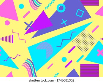 Memphis seamless pattern with geometric shapes in the style of the 80s. Eighties print colorful background for promotional products, wrapping paper and printing. Vector illustration