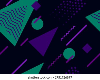Memphis seamless pattern with geometric shapes in the style of the 80s. Eighties print colorful background for promotional products, wrapping paper and printing. Vector illustration