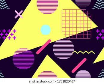 Memphis seamless pattern with geometric shapes in the style of the 80s. Eighties print colorful background for promotional products, wrapping paper and printing. Vector illustration