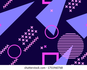 Memphis seamless pattern with geometric shapes in the style of the 80s. Eighties print colorful background for promotional products, wrapping paper and printing. Vector illustration