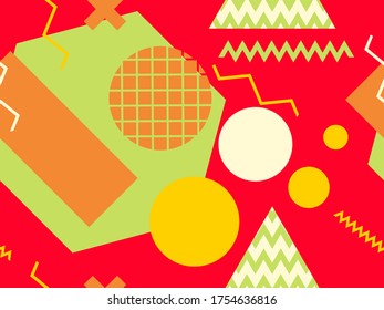 Memphis seamless pattern with geometric shapes in the style of the 80s. Eighties print colorful background for promotional products, wrapping paper and printing. Vector illustration