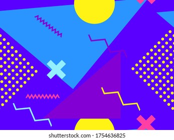 Memphis seamless pattern with geometric shapes in the style of the 80s. Eighties print colorful background for promotional products, wrapping paper and printing. Vector illustration