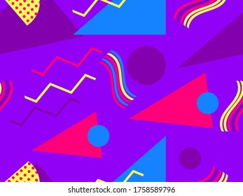 Patrón sin fisuras con formas geométricas en el estilo de los años 80. Ochenta imprimen un fondo colorido para productos promocionales, papel envolvente e impresión. Ilustración del vector