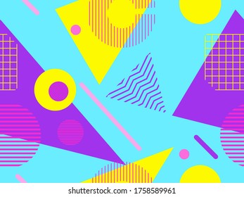 Patrón sin fisuras con formas geométricas en el estilo de los años 80. Ochenta imprimen un fondo colorido para productos promocionales, papel envolvente e impresión. Ilustración del vector