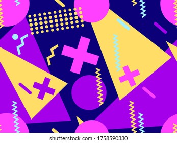 Memphis seamless pattern with geometric shapes in the style of the 80s. Eighties print colorful background for promotional products, wrapping paper and printing. Vector illustration