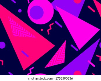 Memphis seamless pattern with geometric shapes in the style of the 80s. Eighties print colorful background for promotional products, wrapping paper and printing. Vector illustration