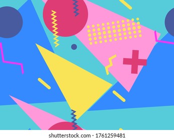 Memphis seamless pattern with geometric shapes in the style of the 80s. Eighties print colorful background for promotional products, wrapping paper and printing. Vector illustration
