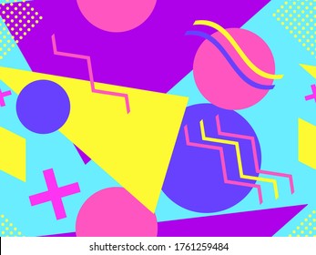 Memphis seamless pattern with geometric shapes in the style of the 80s. Eighties print colorful background for promotional products, wrapping paper and printing. Vector illustration