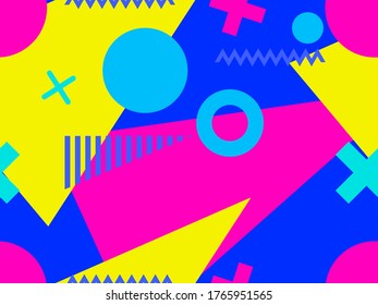 Memphis seamless pattern with geometric shapes in the style of the 80s. Multi-colored triangles, circles and zigzags for promotional products, wrapping paper and printing. Vector illustration