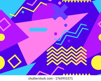 Patrón sin fisuras con formas geométricas en el estilo de los años 80. Triángulos, círculos y zigzags multicolores para productos promocionales, papel envolvente e impresión. Ilustración del vector