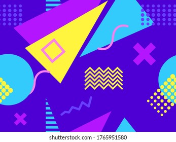 Patrón sin fisuras con formas geométricas en el estilo de los años 80. Triángulos, círculos y zigzags multicolores para productos promocionales, papel envolvente e impresión. Ilustración del vector