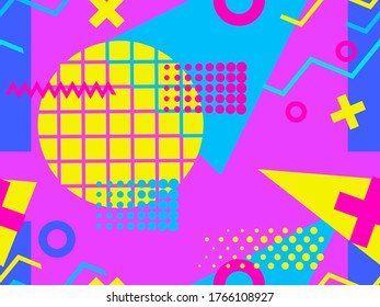 Memphis seamless pattern with geometric shapes in the style of the 80s. Multi-colored triangles, circles and zigzags for promotional products, wrapping paper and printing. Vector illustration