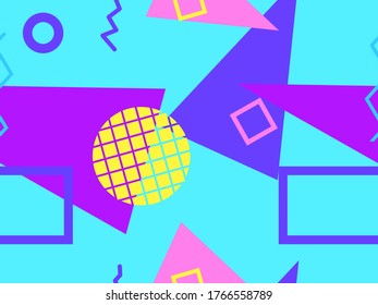 Patrón sin fisuras con formas geométricas en el estilo de los años 80. Triángulos, círculos y zigzags multicolores para productos promocionales, papel envolvente e impresión. Ilustración del vector