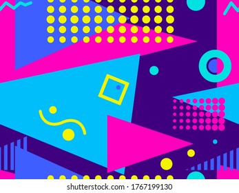 Patrón sin fisuras con formas geométricas en el estilo de los años 80. Triángulos, círculos y zigzags multicolores para productos promocionales, papel envolvente e impresión. Ilustración del vector