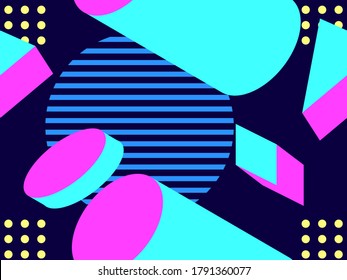 Passwortlose Muster mit geometrischen Formen im Stil der 80er Jahre. 3D isometrischer, geometrischer abstrakter Hintergrund. Hintergrund für Werbeprodukte, Verpackungspapier und Druck. Vektorgrafik