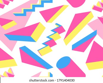 Memphis seamless pattern with geometric shapes in style of the 80s. 3d isometric geometric abstract background. Background for promotional products, wrapping paper and printing. Vector illustration