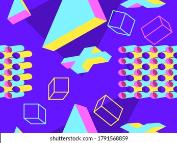 Memphis seamless pattern with geometric shapes in style of the 80s. 3d isometric geometric abstract background. Background for promotional products, wrapping paper and printing. Vector illustration