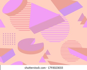 Memphis seamless pattern with geometric shapes in style of the 80s. 3d isometric geometric abstract background. Background for promotional products, wrapping paper and printing. Vector illustration