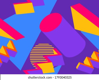Memphis seamless pattern with geometric shapes in style of the 80s. 3d isometric geometric abstract background. Background for promotional products, wrapping paper and printing. Vector illustration