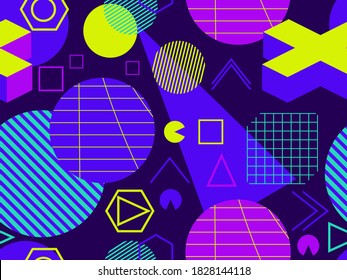 Memphis seamless pattern with geometric shapes in the style of the 80s. Trendy retro background for printing on paper, advertising materials and fabric. Vector illustration