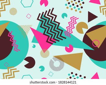 Memphis seamless pattern with geometric shapes in the style of the 80s. Trendy retro background for printing on paper, advertising materials and fabric. Vector illustration