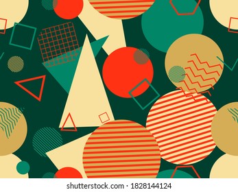 Memphis seamless pattern with geometric shapes in the style of the 80s. Trendy retro background for printing on paper, advertising materials and fabric. Vector illustration