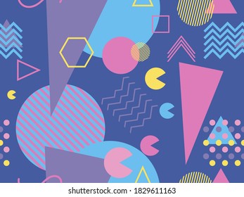 Memphis seamless pattern with geometric shapes in the style of the 80s. Trendy retro background for printing on paper, advertising materials and fabric. Vector illustration