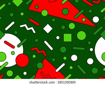 Patrón sin fisuras con formas geométricas en el estilo de los años 80. Fondo de color de Navidad para folletos, pancartas y papel de envoltura. Ilustración del vector