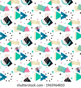 Memphis nahtloses Muster geometrischer Formen für Gewebe und Postkarten. Hipster-Poster, saftiger, heller Hintergrund. Kreative abstrakte Geometrie Form Modedruck.
